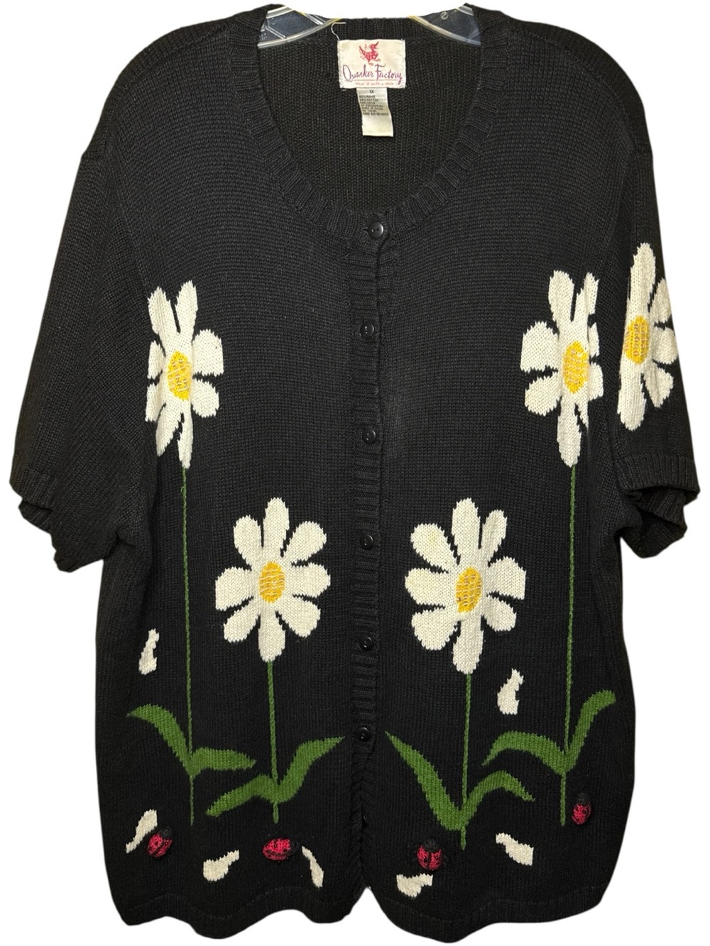 Quacker Factory Women's Embroidered Lady Bug Daisy Vintage Fall Cardigan